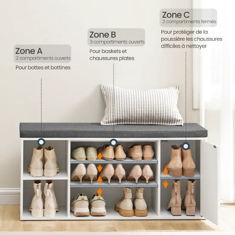 Banc à chaussures minimaliste avec assise rembourrée, bois naturel et gris ardoise, meuble moderne et décoratif de la marque Maison Banc
