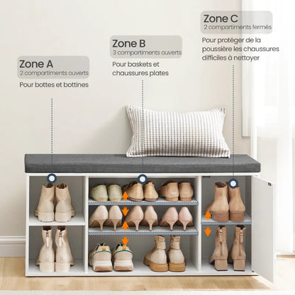 Banc à chaussures minimaliste avec assise rembourrée, bois naturel et gris ardoise, meuble moderne et décoratif de la marque Maison Banc