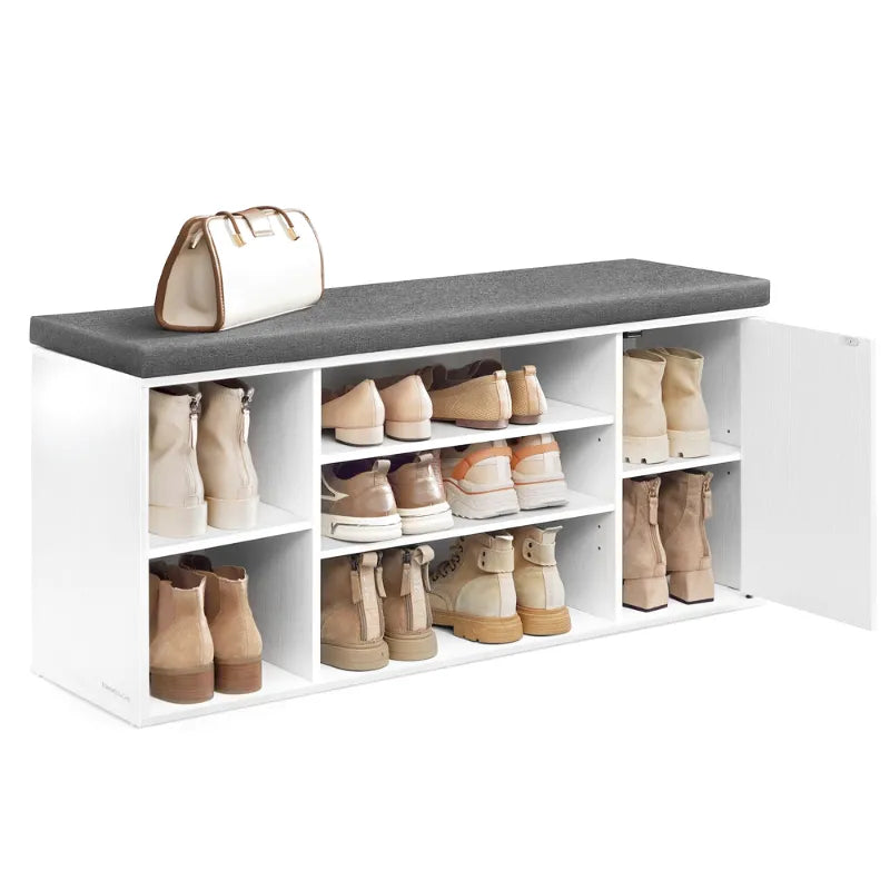 Banc à chaussures minimaliste Maison Banc avec assise rembourrée, design moderne en bois naturel et gris ardoise.