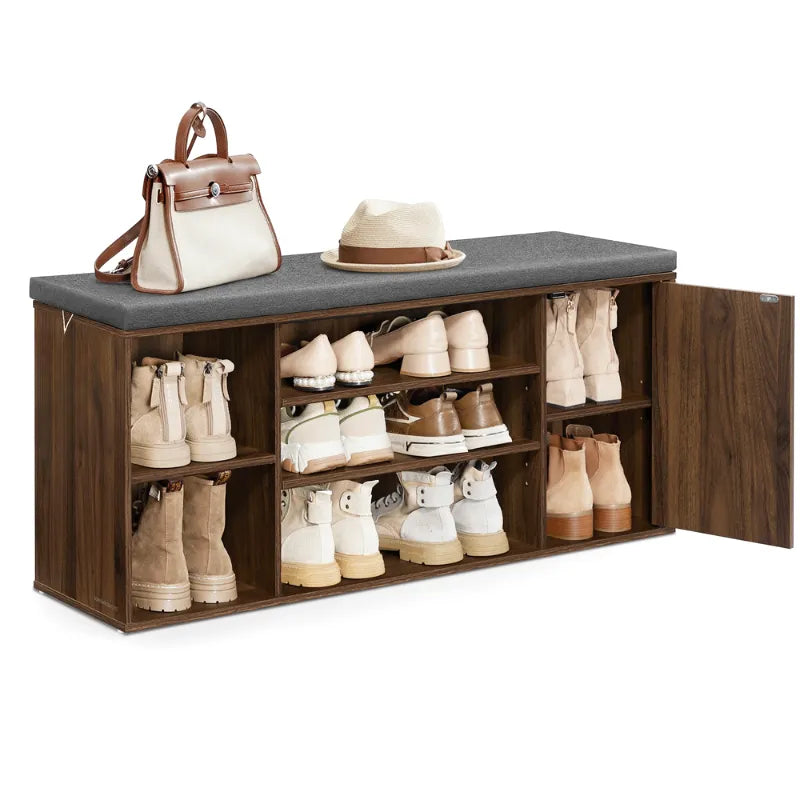 Banc à chaussures minimaliste Maison Banc avec assise rembourrée, bois naturel et gris ardoise, design moderne et décoratif.