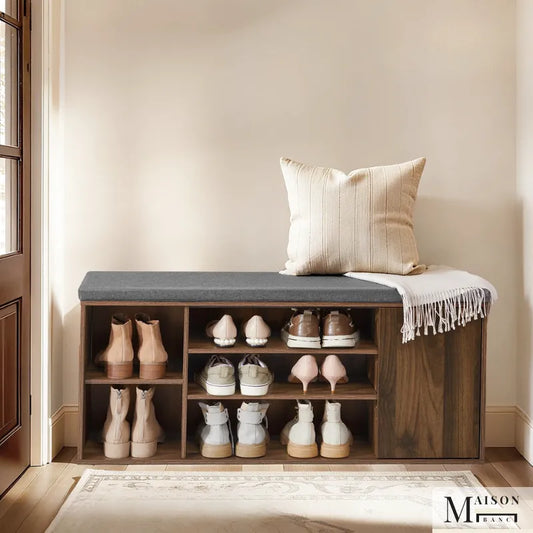 Banc à chaussures minimaliste Maison Banc avec assise rembourrée, bois naturel et gris ardoise, design moderne et décoratif.