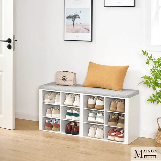 Banquette à chaussures moderne avec coussin, design scandinave, assise confortable en bois et tissu, par Maison Banc