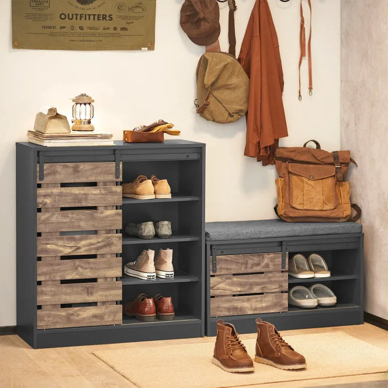 Banc à chaussures moderne Maison Banc avec porte coulissante, design scandinave, finition gris noir, élégant et pratique.