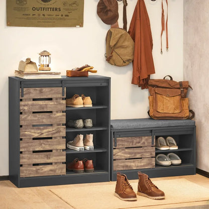Banc à chaussures moderne Maison Banc avec porte coulissante, design scandinave, finition gris noir, élégant et pratique.