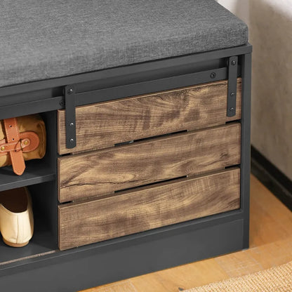 Banc à chaussures moderne Maison Banc avec porte coulissante, design scandinave gris et noir, idéal pour entrée ou couloir.