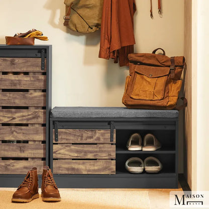 Banc à chaussures moderne Maison Banc avec porte coulissante en bois gris et noir, design scandinave élégant pour l'entrée.