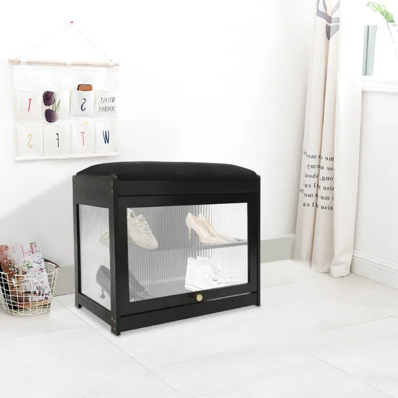 Banc à chaussures noir avec assise, design nordique minimaliste, en bois moderne, pour entrée ou couloir, par Maison Banc