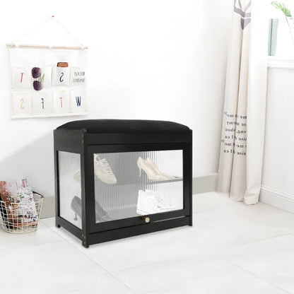 Banc à chaussures noir avec assise, design nordique minimaliste, en bois moderne, pour entrée ou couloir, par Maison Banc