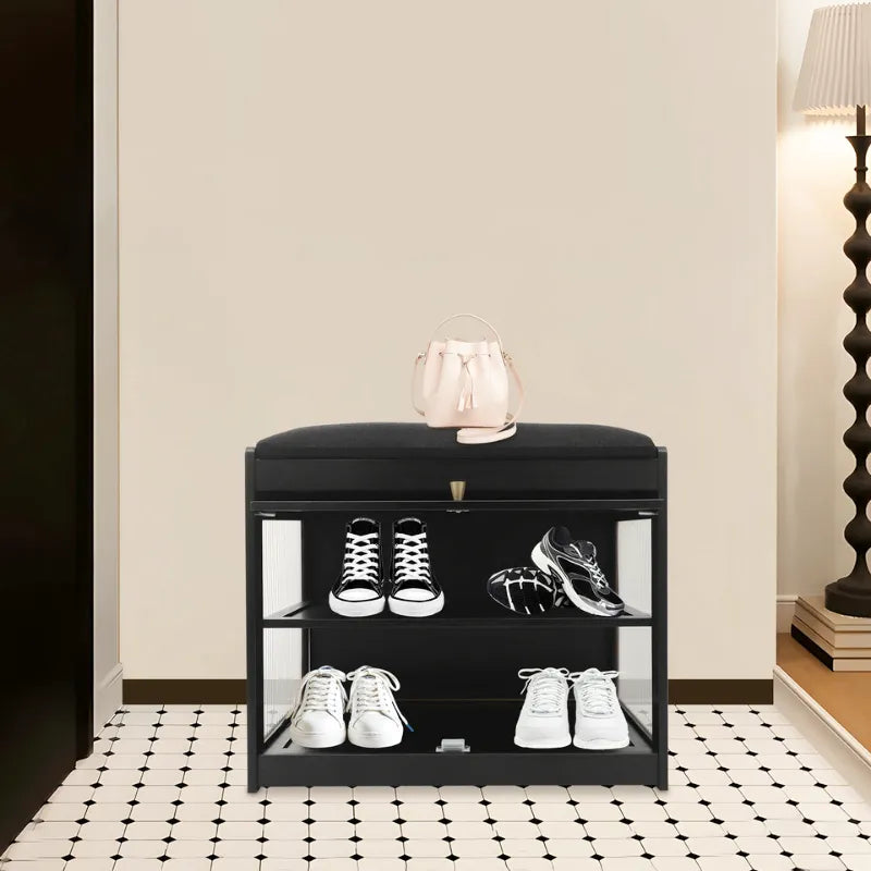Banc à chaussures noir avec assise, design nordique minimaliste, meuble pratique pour l'entrée ou le couloir, Maison Banc