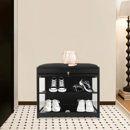 Banc à chaussures noir avec assise, design nordique minimaliste, meuble pratique pour l'entrée ou le couloir, Maison Banc