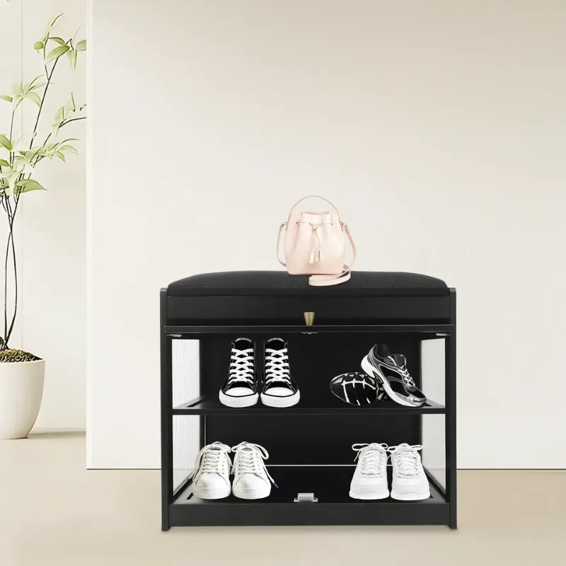 Banc à chaussures noir avec assise, design nordique minimaliste, mobilier Maison Banc pour entrée ou couloir.