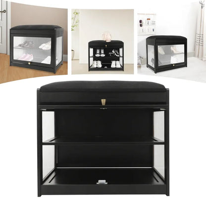 Banc à chaussures noir avec assise en bois, design nordique minimaliste, idéal pour entrée ou rangement.