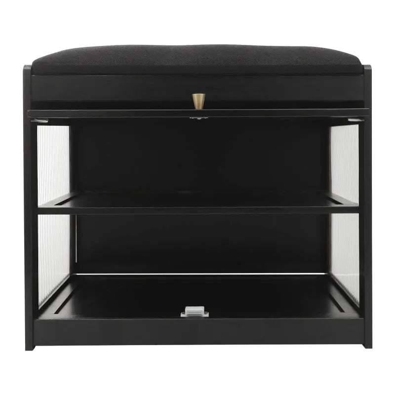Banc à chaussures noir avec assise en bois, design nordique minimaliste, mobilier Maison Banc pour entrée ou chambre