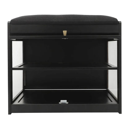 Banc à chaussures noir avec assise en bois, design nordique minimaliste, mobilier Maison Banc pour entrée ou chambre