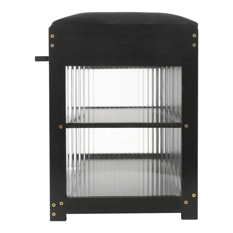 Banc à chaussures noir avec assise en bois, design nordique minimaliste, mobilier Maison Banc pour entrée ou couloir