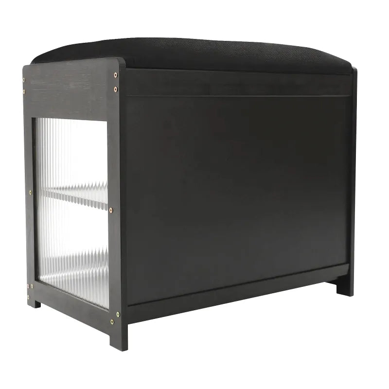 Banc à chaussures noir avec assise en bois, design nordique minimaliste, mobilier Maison Banc pour entrée ou chambre.