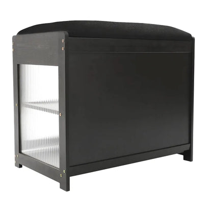 Banc à chaussures noir avec assise en bois, design nordique minimaliste, mobilier Maison Banc pour entrée ou chambre.