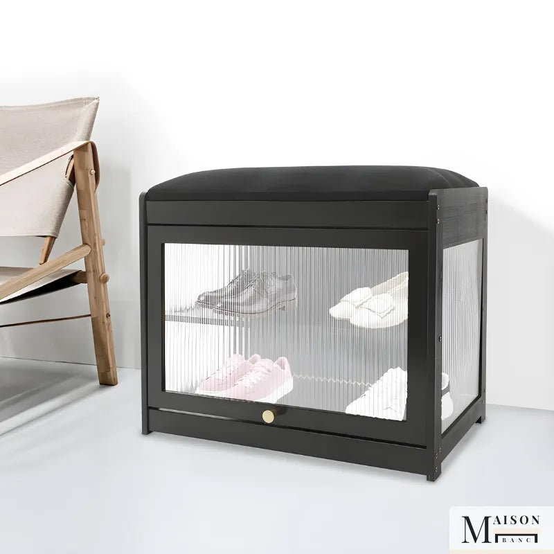 Banc à chaussures noir avec assise en design nordique minimaliste, meuble pratique et élégant pour l'entrée ou le couloir.
