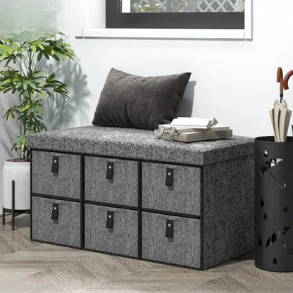 Banc à chaussures rembourré gris avec design moderne et 6 tiroirs de rangement, par Maison Banc.