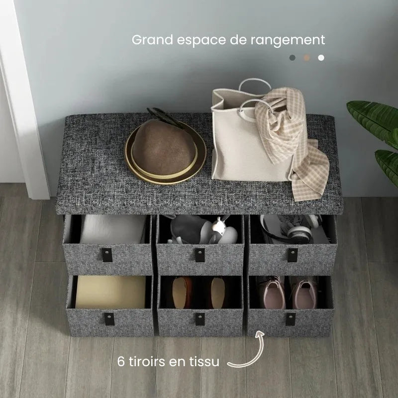 Banc à chaussures rembourré gris, design moderne avec 6 tiroirs de rangement, idéal pour l'entrée ou le dressing.