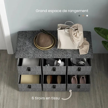 Banc à chaussures rembourré gris, design moderne avec 6 tiroirs de rangement, idéal pour l'entrée ou le dressing.