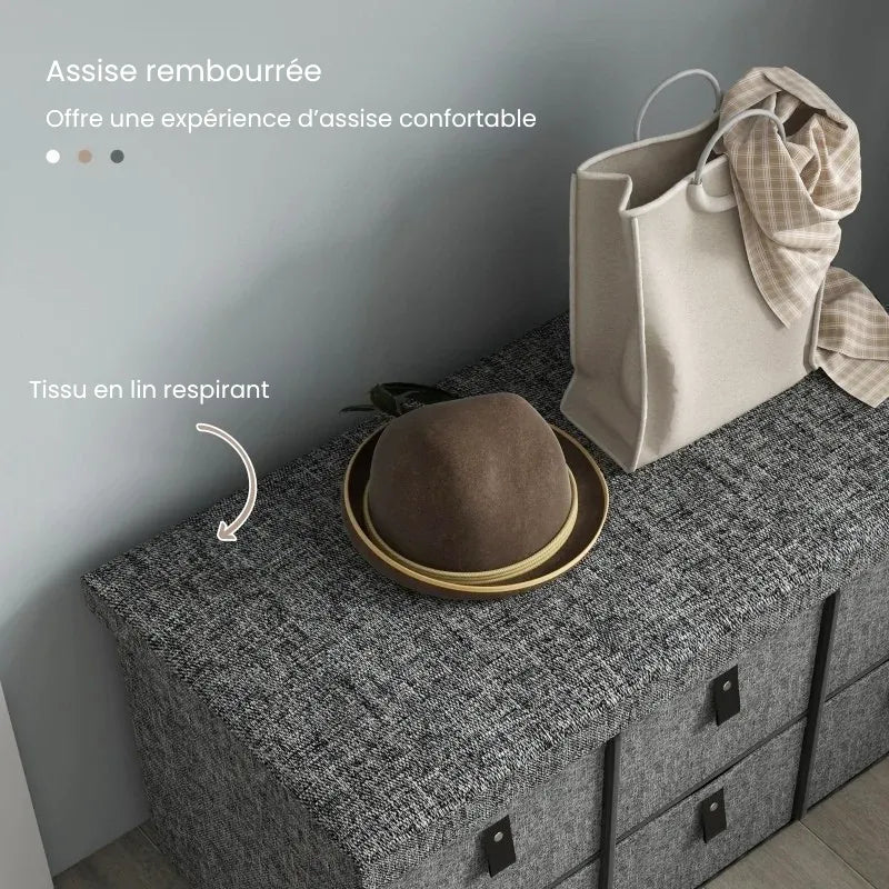 Banc à chaussures rembourré gris de Maison Banc avec design moderne et 6 tiroirs de rangement pratiques.