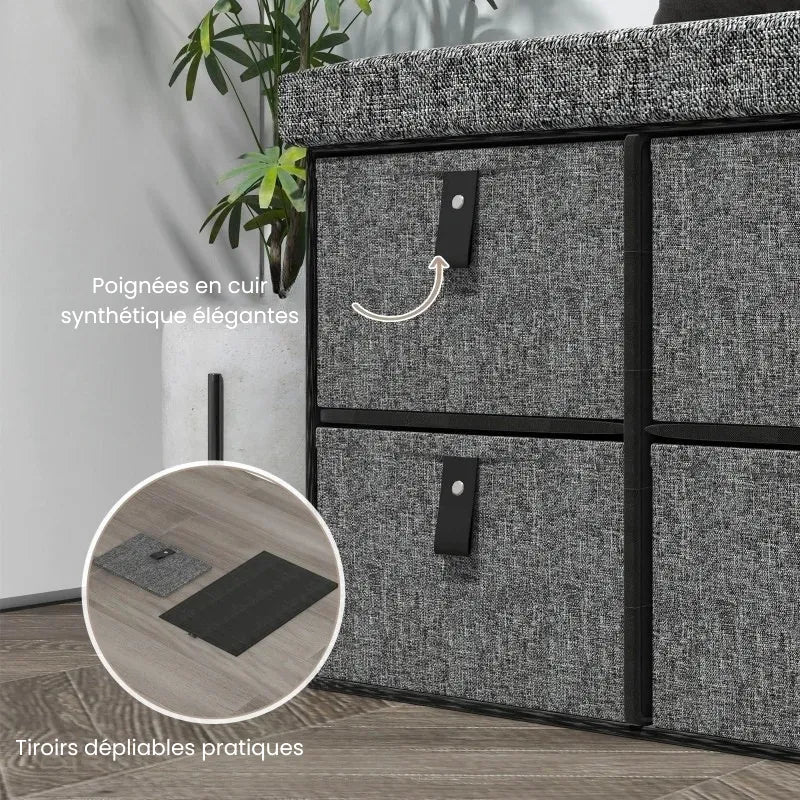 Banc à chaussures rembourré gris avec design moderne et 6 tiroirs de rangement, idéal pour entrée ou couloir.