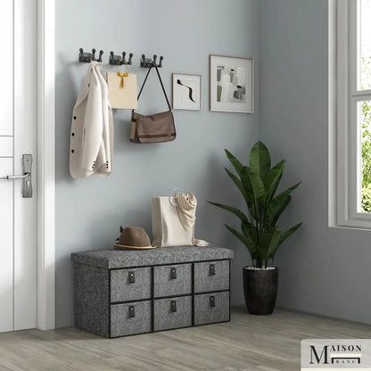 Banc à chaussures rembourré gris de Maison Banc avec design moderne et 6 tiroirs de rangement spacieux.
