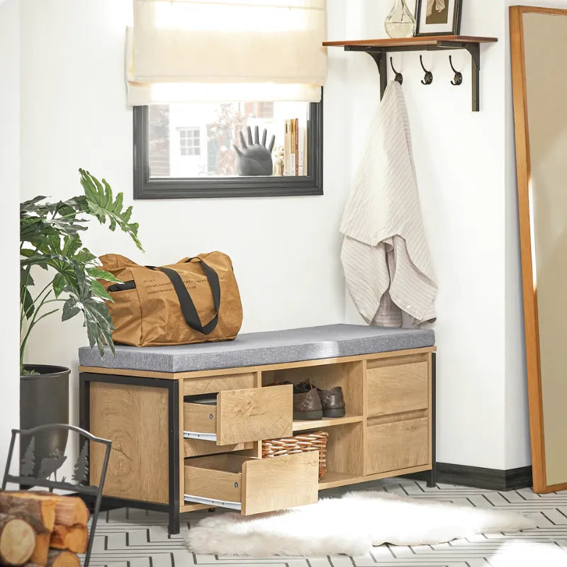 Banc à chaussures scandinave en bois naturel avec espace de rangement, design épuré et moderne.
