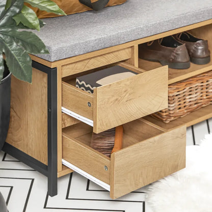 Banc à chaussures scandinave en bois naturel avec espace de rangement, design épuré et élégant, pour entrée ou couloir.