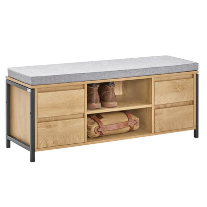 Banc à chaussures scandinave en bois naturel avec espace de rangement, design moderne et épuré, idéal pour l'entrée.