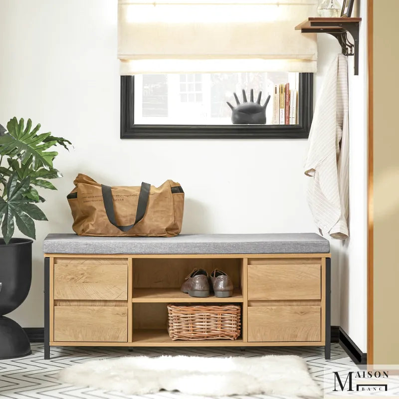 Banquette à chaussures scandinave en bois naturel avec rangement intégré, design élégant et moderne.