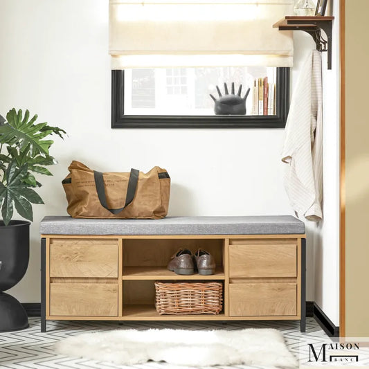Banquette à chaussures scandinave en bois naturel avec rangement intégré, design élégant et moderne.