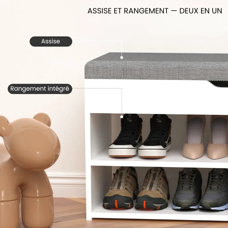 Banc à chaussures scandinave blanc et gris avec trois niveaux et coussin de confort, idéal pour rangement et assise.