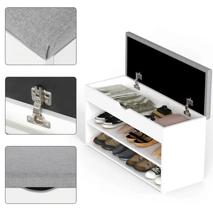 Banc à chaussures scandinave blanc et gris avec 3 niveaux de rangement et coussin confort, par Maison Banc.