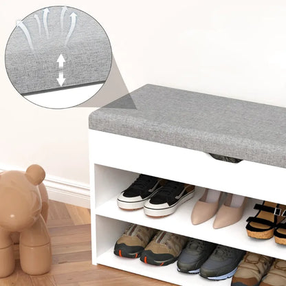 Banc à chaussures Scandinave blanc et gris Maison Banc avec rangement 3 niveaux et coussin de confort pour entrée.
