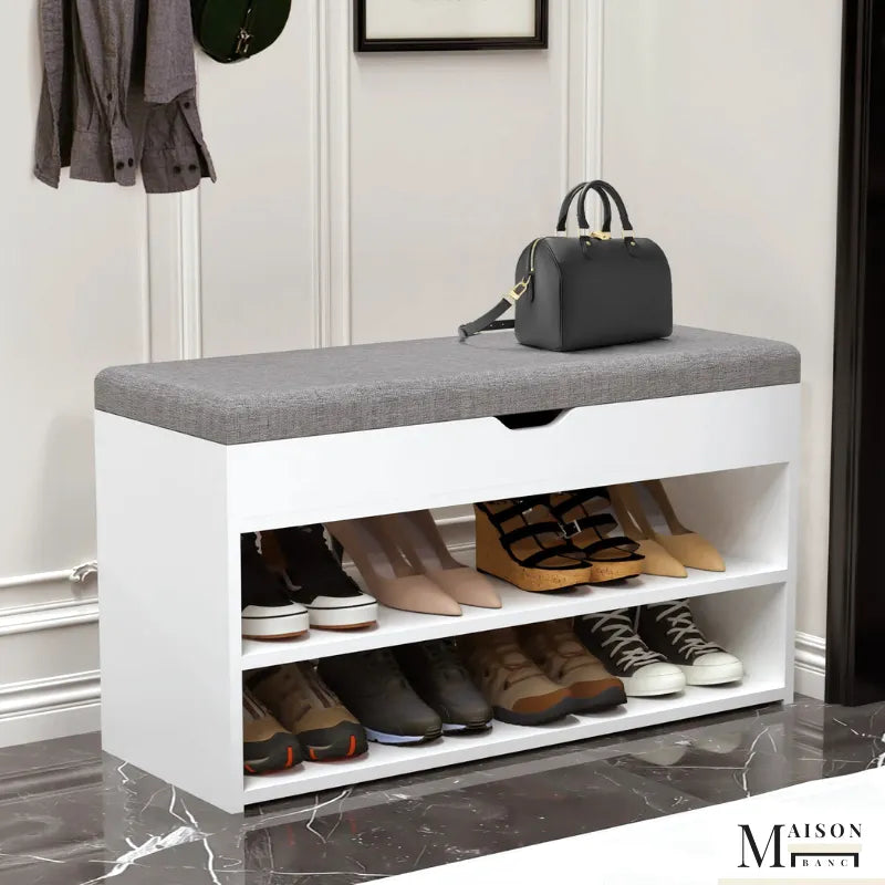 Banc à chaussures scandinave blanc et gris avec rangement à 3 niveaux et coussin de confort, design moderne et élégant.