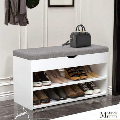 Banc à chaussures scandinave blanc et gris avec rangement à 3 niveaux et coussin de confort, design moderne et élégant.