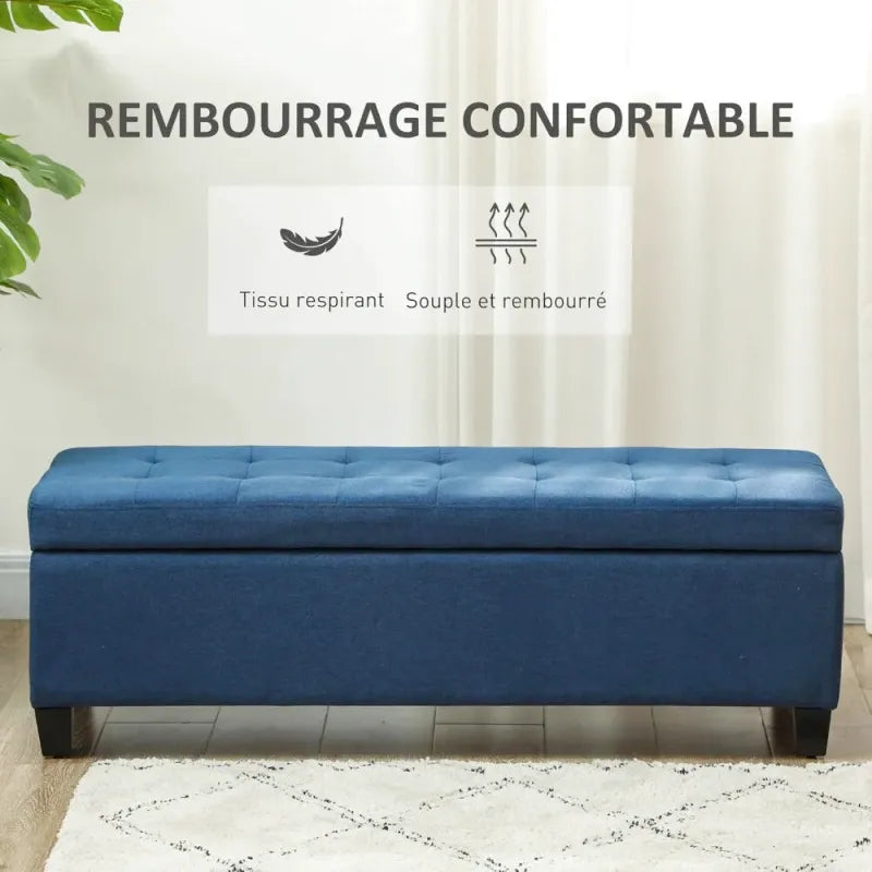 Banc de bout de lit design nordique en tissu effet lin avec finition bois naturel, par Maison Banc.