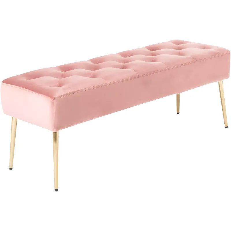 Banc bout de lit en velours rose rembourré de la marque Maison Banc, design minimaliste, assise confortable et élégante.