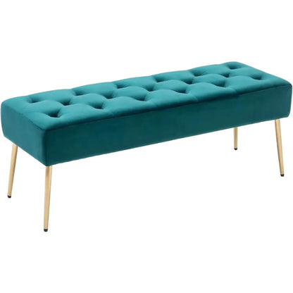 Banc bout de lit en velours rembourré vert et bleu, design minimaliste, par Maison Banc pour un style élégant et confortable.