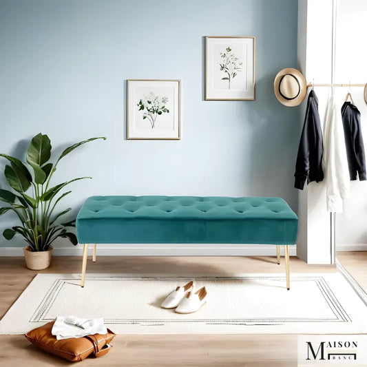 Banc bout de lit en velours vert et bleu, rembourré, design minimaliste par Maison Banc, assise élégante et confortable