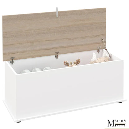 Banc coffre en bois moderne avec assise solide et grand espace de rangement, design élégant et fonctionnel.