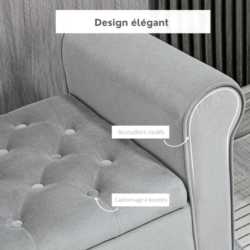 Banc coffre classique en velours gris capitonné, design élégant, de la marque Maison Banc, avec finition effet suite Bellina.