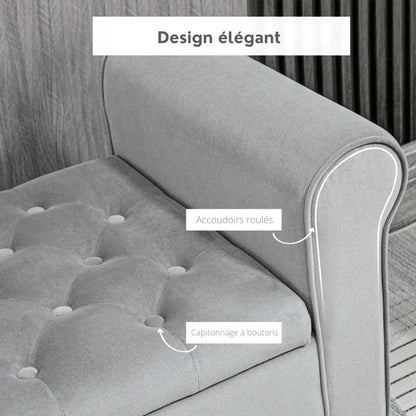 Banc coffre classique en velours gris capitonné, design élégant, de la marque Maison Banc, avec finition effet suite Bellina.