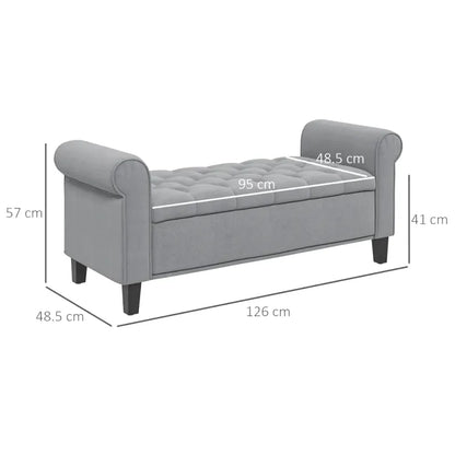 Banquette coffre classique en velours gris capitonné, style suite Bellina, par Maison Banc, meuble élégant et fonctionnel.