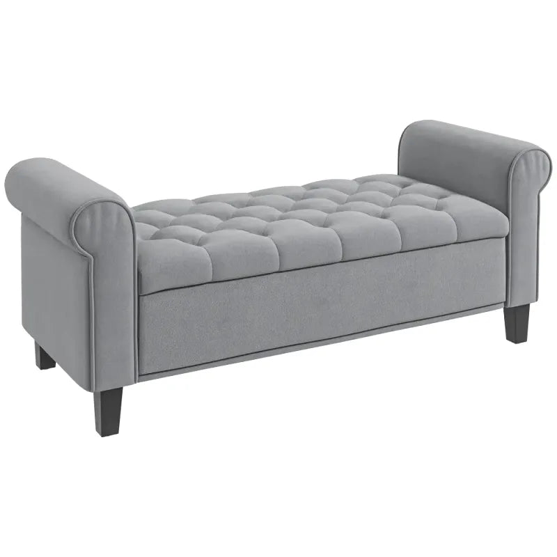 Banc coffre classique en velours gris capitonné, style suite Bellina, avec design élégant et finition douce.