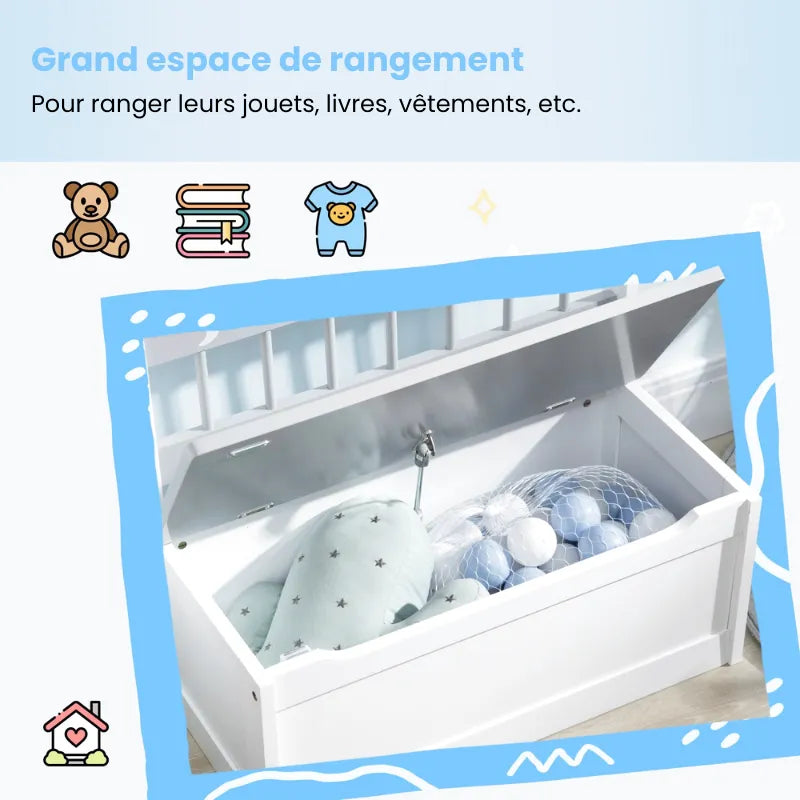 Banc coffre de rangement pour enfant 2-en-1 blanc et gris, design scandinave moderne, avec espace de rangement intégré.