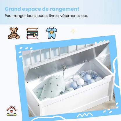 Banc coffre de rangement pour enfant 2-en-1 blanc et gris, design scandinave moderne, avec espace de rangement intégré.
