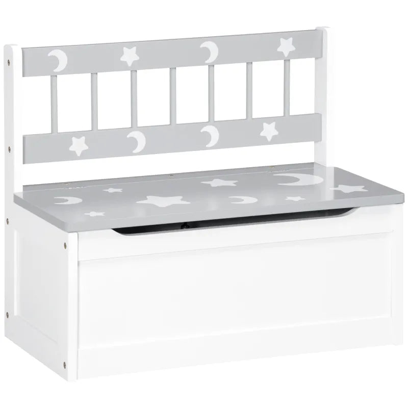 Banc coffre de rangement pour enfant blanc et gris, design scandinave moderne, avec espace de rangement intégré.